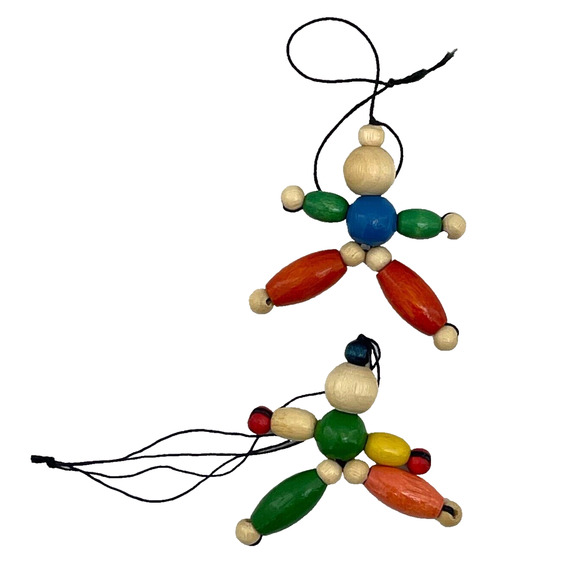 Lot of 2 Wooden Strung Beaded Doll Ornaments Bag Charms Multicolor Hanging - Picture 2 of 3